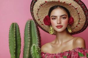 Woman Wearing Sombrero with Red Roses and Cactus Against Pink Backdrop photo