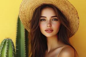 Woman Wearing Straw Hat Posing with Cactus Against a Yellow Backdrop photo