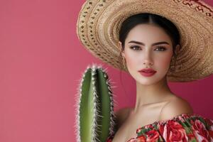 Woman in Straw Hat Holding Cactus Against Pink Backdrop Portrait photo