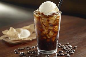Iced Coffee with Ice Cream Scoop and Coffee Beans on Wood photo