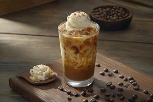 Iced Coffee with Ice Cream and Coffee Beans on Wood Surface photo