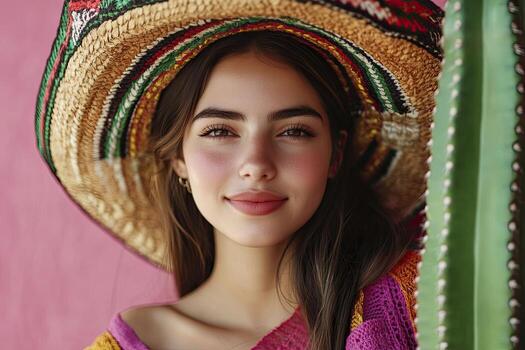 Smiling Woman Wearing Sombrero and Colorful Knit Top with Cactus photo