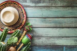 Festive Cinco De Mayo Decoration with Sombrero, Cactus, and Maracas photo