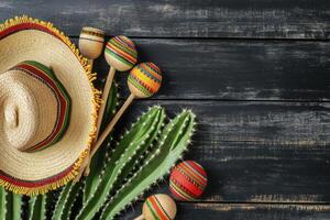 Arrangement of Sombrero, Maracas, and Cactus on a Dark Wood Surface photo