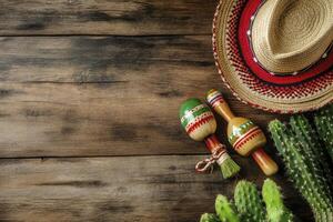 Mexican Fiesta with Sombrero, Maracas and Cacti on Rustic Wood photo
