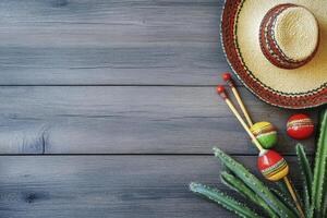 Celebrating Cinco De Mayo with Sombrero, Maracas, and Cactus on Wood photo