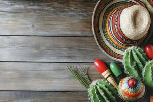 celebrando cinco Delaware mayonesa con sombrero, maracas, y cactus en madera foto