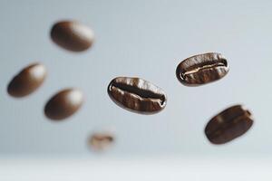 Floating Coffee Beans Closeup on Soft Blue Background for Coffee Ad photo