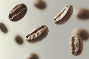 Floating Coffee Beans Close Up Isolated Against White Backdrop for Products photo