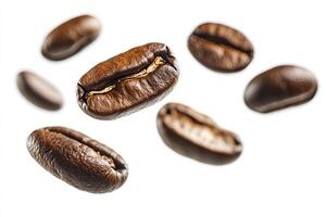 Scattered Roasted Coffee Beans Against White Backdrop with Shallow Depth of Field photo