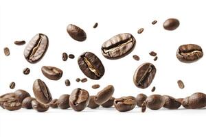 Falling Roasted Coffee Beans on White Backdrop for Food and Drink photo