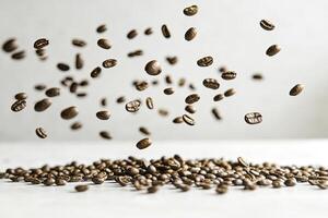 Roasted Coffee Beans Falling on Pile Representing Fresh Aroma and Taste photo