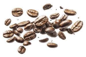 Scattered Roasted Coffee Beans Floating on White Background for Coffee Designs photo