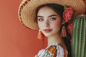 Woman Wearing Sombrero with Rose and Cactus Against Solid Color Backdrop photo