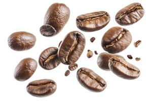 Coffee Beans Falling with Elegance Brown and Aromatic Isolated on White photo
