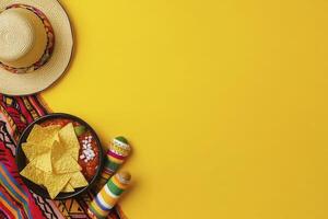 Mexican Fiesta Food and Decorations on Yellow Background for Celebration photo