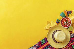 Celebrating Cinco De Mayo with Salsa Chips and Straw Hat photo