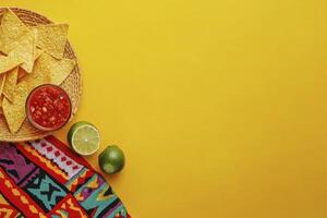 Tortilla Chips with Salsa and Lime on Yellow Background Flat Lay photo