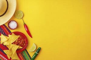Mexican Food Still Life with Salsa, Nachos and Sombrero on Yellow photo