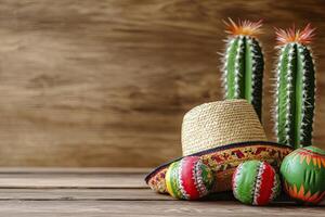 Sombrero with Cactus and Maracas on Wooden Surface for Fiesta photo