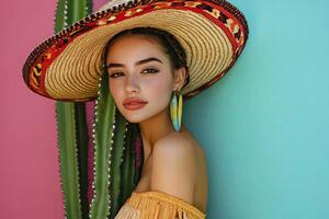 Woman Wearing Sombrero with Cactus and Colorful Background Fashion Portrait photo