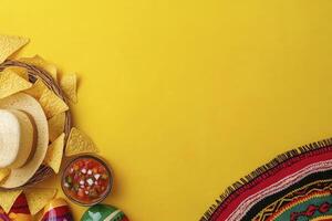 Enjoying Mexican Fiesta with Nachos Salsa and Sombrero on Yellow Background photo