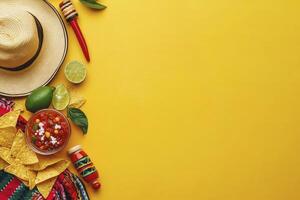 Arrangement of Mexican Food and Culture Items on a Yellow Background photo