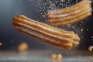 Delicious Churros with Powdered Sugar Falling in Studio Setting photo