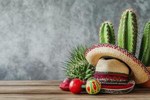 Mexican Sombrero and Cacti on Wood Surface Celebrating Cinco De Mayo photo