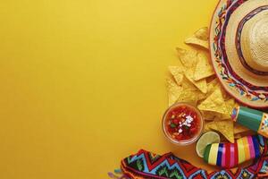 Arrangement of Mexican Fiesta Elements on Yellow Background with Copy Space photo