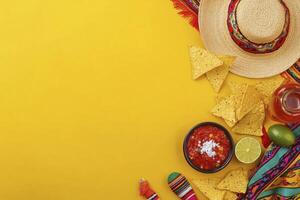 Arrangement of Mexican Food with Sombrero on Vibrant Yellow Background photo