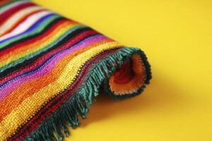 Rolled Up Striped Towel with Fringe on Yellow Background Close Up photo