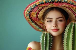 Woman Wearing Sombrero Posing with Cacti in Studio with Turquoise Background photo