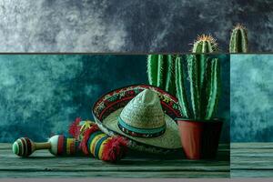 arreglo con sombrero cactus y maraca en rústico madera superficie foto