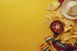 Arrangement of Nachos Salsa Maracas and Sombrero on a Yellow Background photo
