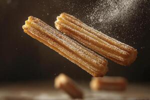 Delicious Churros with Powdered Sugar Falling Food Photography Still Life photo