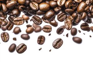 Falling Roasted Coffee Beans on White Background for Food and Drink photo