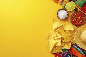 Enjoying Nachos with Salsa and Lime on Bright Yellow Background photo