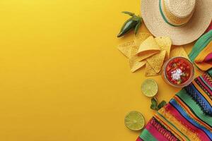 Arrangement of Sombrero, Tortilla Chips, Salsa, and Lime on Yellow Background photo