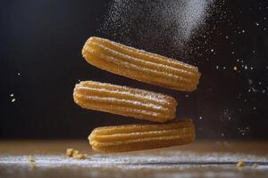 Stack of Churro Pastries with Powdered Sugar Falling for Food Photography photo