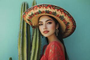 Woman Wearing Sombrero Stands Beside Cactus Against a Teal Background photo