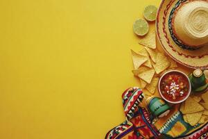 Arrangement of Mexican Food and Culture Elements on Bright Yellow Background photo