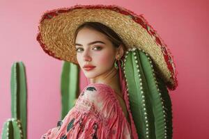 Woman Wearing Sombrero Posing with Cactus Against a Pink Background photo