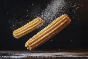 Delicious Churros with Sugar Dusting Floating Against Dark Background Tasty Treat photo
