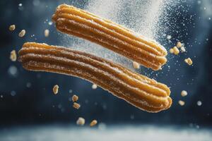 Delicious Churros with Powdered Sugar Falling in a Dramatic Food Shot photo