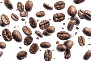 Roasted Coffee Beans Falling on White Background Still Life Photography photo