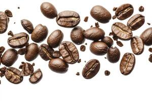 Scattered Coffee Beans Isolated on White Background, a Coffee Bean Spill photo