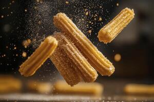 Flying Churros with Sugar Dust Falling Delicious Dessert Treats photo