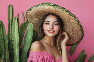 Woman Wearing Sombrero Near Cactus Against Pink Backdrop for Cinco De Mayo photo