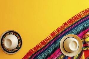 Arrangement of Traditional Hats and Textile on Vibrant Yellow Background photo